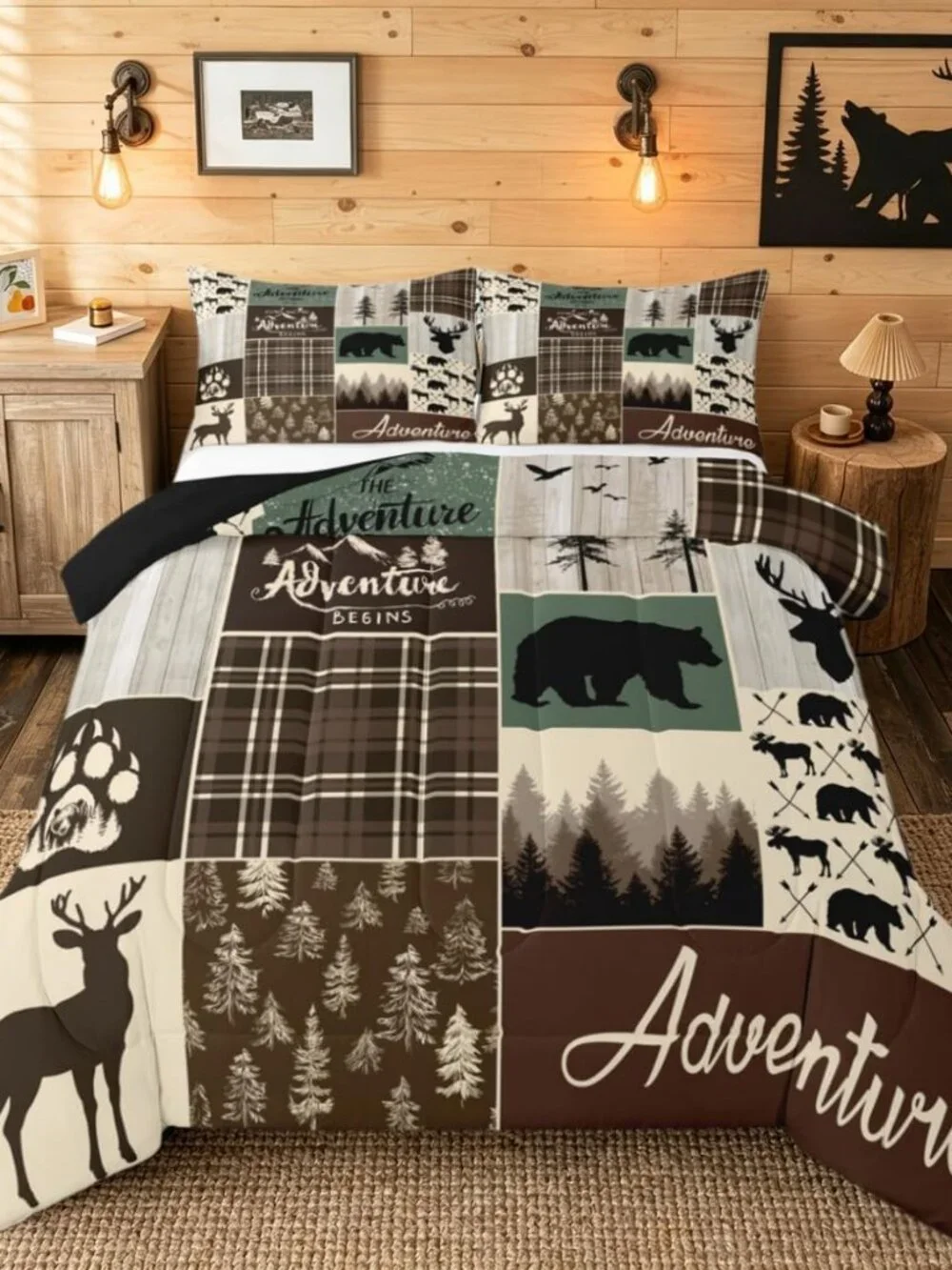 Rustic Patchwork Twin Bed Comforter Set, Hunting Deer Bear Bedding Retro Cabin L